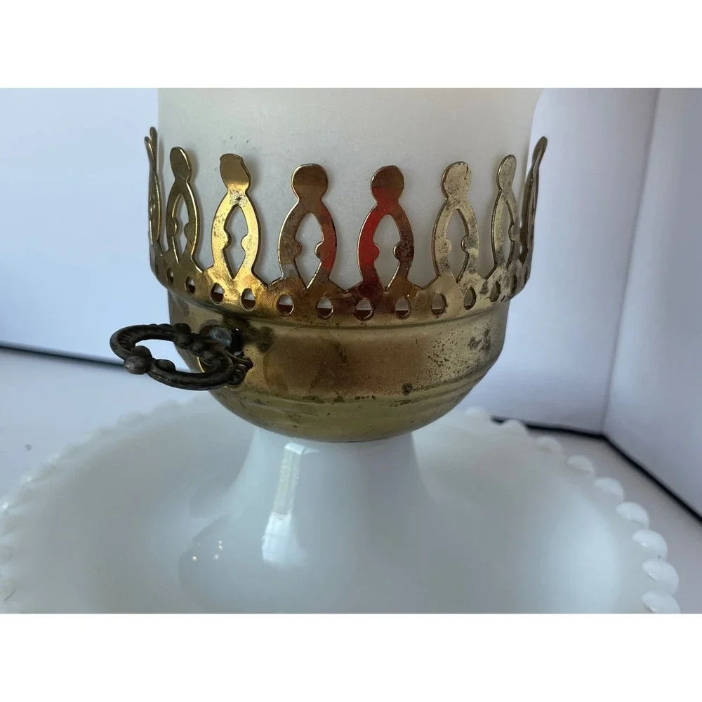 Vintage Hobnail Milk Glass Hurricane Lamp Frosted Chimney Brass Crown Gallery